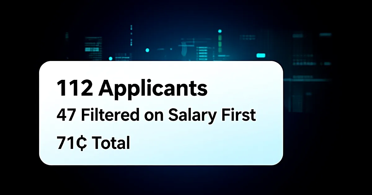 Abstract tech illustration: 112 Applicants, 47 Filtered on Salary First: 71¢ Total