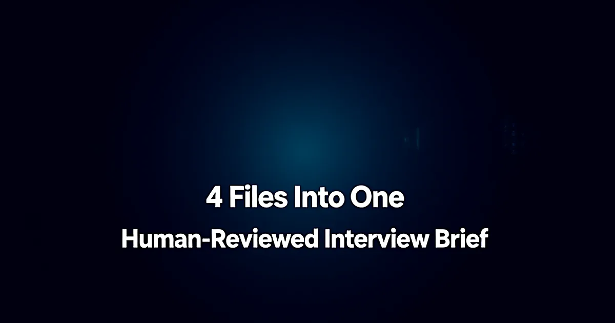 Abstract tech illustration: 4 Files Into One Human-Reviewed Interview Brief