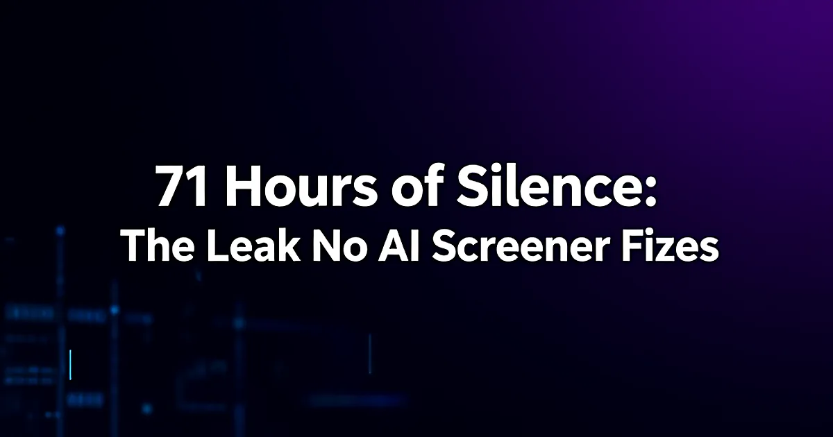 Abstract tech illustration: 71 Hours of Silence: The Leak No AI Screener Fixes
