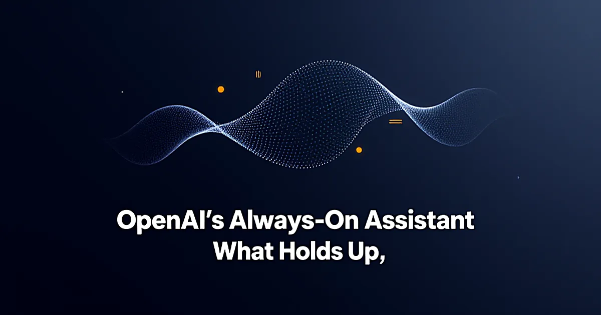 Developer working at a laptop with code open in a terminal, illustrating an always-on AI assistant like OpenAI dots