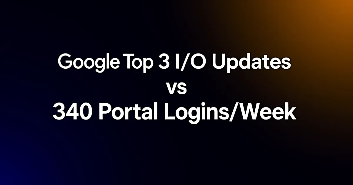 Abstract tech illustration: Google's Top 3 I/O Updates vs 340 Portal Logins/Week