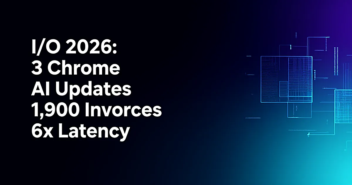 Abstract tech illustration: I/O 2026: 3 Chrome AI Updates, 1,900 Invoices, 6x Latency