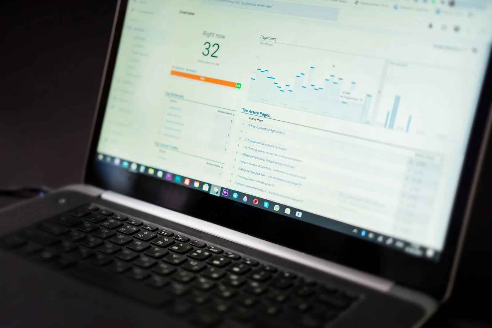 Developer reviewing website audit report and analytics dashboard on a laptop screen